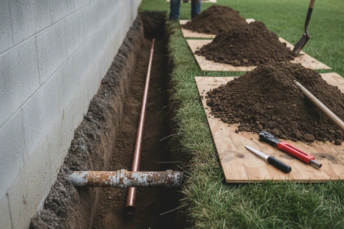 Excavated water line trench during Sewer Line Repair in Pleasant Ridge